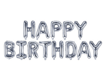 Balon Foliowy Happy Birthday, 340x35cm, Srebrny Partydeco