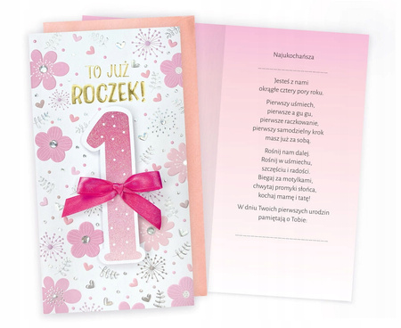 Karnet PM-266 1 Urodziny (roczek, cyferki, różowe kwiatki)