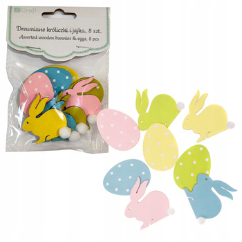 WK-Drewniane Króliczki I Jajka 4 Cm 8 Szt Pastelowe Dpcraft