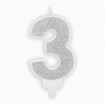 Świeczka Urodzinowa Cyferka 3, Srebrny, 7Cm Partydeco