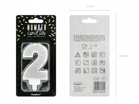 Świeczka Urodzinowa Cyferka 2, Srebrny, 7Cm Partydeco
