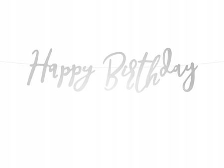 Baner Happy Birthday, Srebrny, 16,5x62cm Partydeco