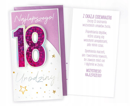 Karnet PM-277 Urodziny 18 (osiemnastka, cyfry, różowe)