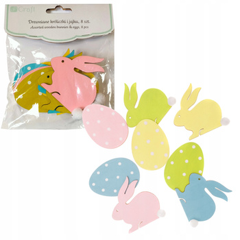 WK-Drewniane Króliczki I Jajka 7 Cm 8 Szt Pastelowe Dpcraft