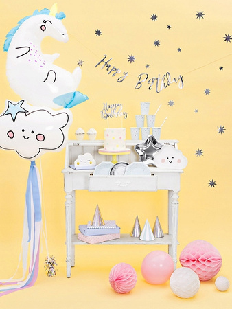 Baner Happy Birthday, Srebrny, 16,5x62cm Partydeco