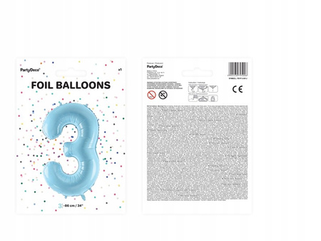 Balon Foliowy Cyfra "3", 86Cm, Jasny Niebieski Partydeco