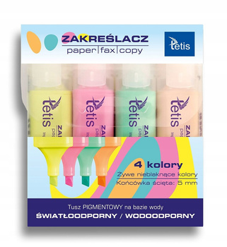 Komplet Zakreślaczy Pastelowych 4 kol Tetis