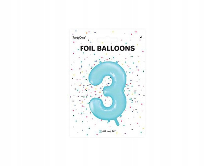 Balon Foliowy Cyfra "3", 86Cm, Jasny Niebieski Partydeco