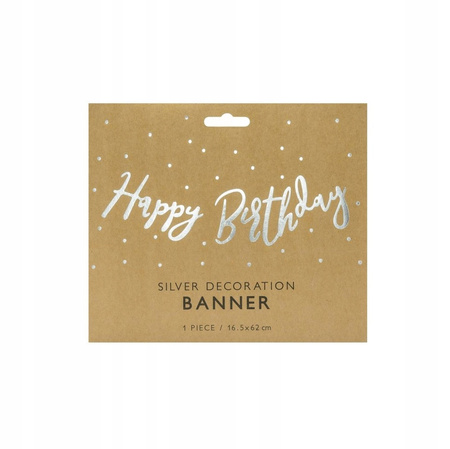 Baner Happy Birthday, Srebrny, 16,5x62cm Partydeco