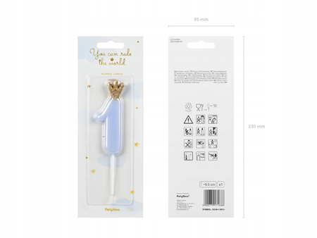 Świeczka Urodzinowa Cyferka 1, Jasny Niebieski, 9.5cm Partydeco