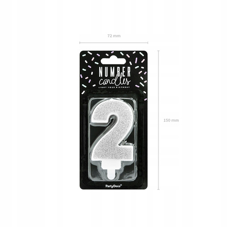 Świeczka Urodzinowa Cyferka 2, Srebrny, 7Cm Partydeco