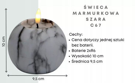Świeca Led Kula 9,5cm Φ10cm Efekt Marmuru - Grey Cortina