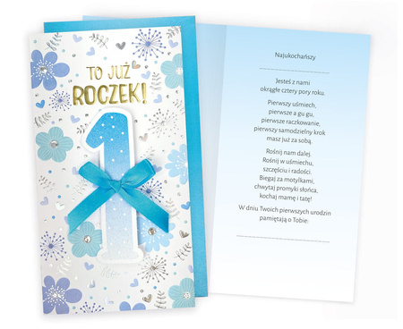 Karnet PM-267 1 Urodziny (roczek, cyferki, niebieskie kwiatki)